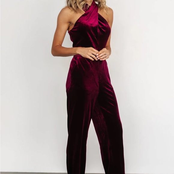 Baltic Born Velvet Halter Jumpsuit in Deep Burgundy - Picture 3 of 5